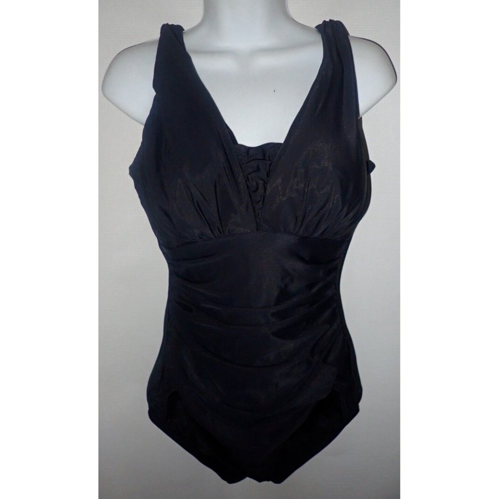 Lands' End Black Slender Tummy Control V-neck Wrap One Piece Swimsuit 12DD